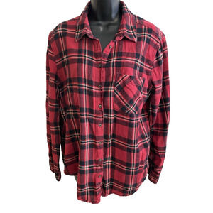 Garage Womens Red Plaid Flannel Shirt Size Large Boyfriend Fit 100% Cotton